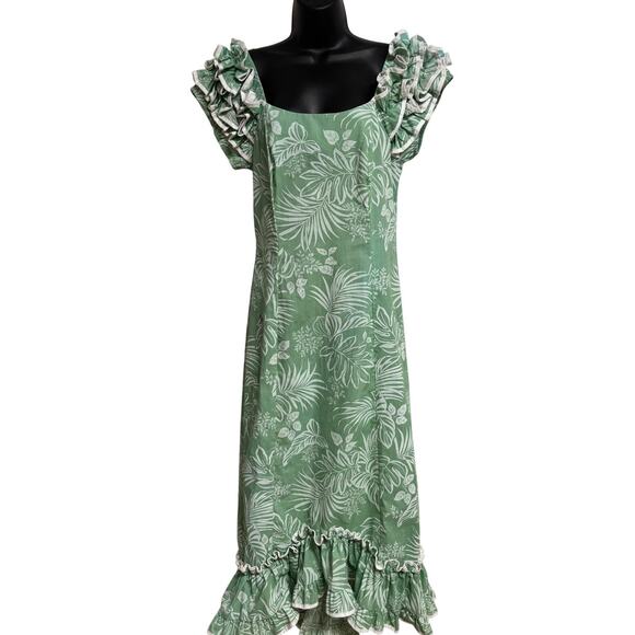 KY's Hawaii Dresses & Skirts - KY’S Muumuu Dress Small Green White Hawaiian Ruffle Sleeve Maxi Tropical EUC